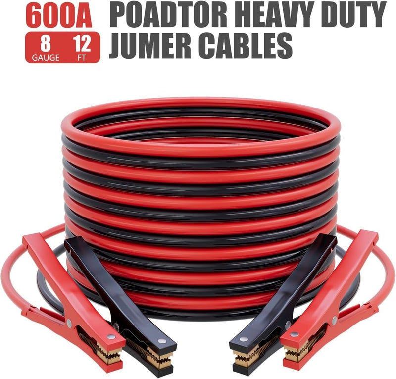 POADTOR كابلات قفز لبطارية السيارة، 8 قياس 12 قدم 600AMP، كابلات تعزيز السيارات لبدء تشغيل البطاريات الميتة أو الضعيفة مع حقيبة حمل متضمنة - Image 5